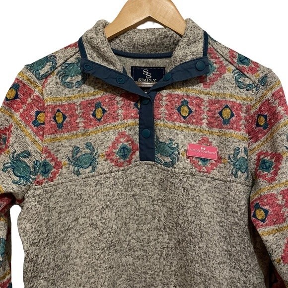 Simply Southern Women's Grey Pullover Crab Anchor Fleece Pullover 1/4 Snap - Picture 2 of 9